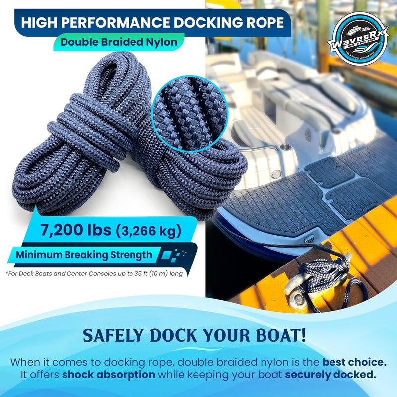 WAVESRX Premium Nylon Boat Dock Lines & Ropes for Docking & Pontoon | Double Braided Marine Rope | Boat Ropes for Docking with Loop | UV & Saltwater Resistant Dock Rope (Deep Sea Blue, 1/2â€ x 20â€™) - Image 2